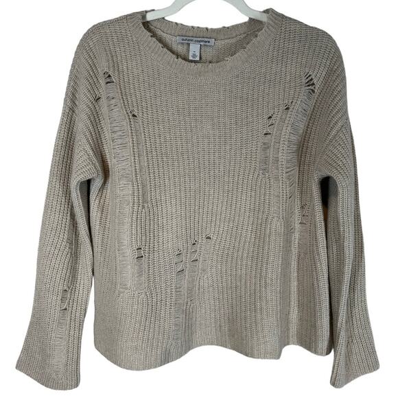 Autumn Cashmere Beige Cashmere Distressed Crew Neck Sweater Medium - Picture 5 of 8